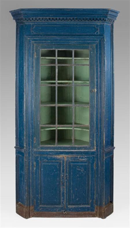 Lot image - Chippendale Blue Painted Corner Cupboard