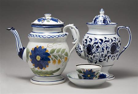 Lot image - Englsih Pearlware Coffee Pot and a Cover; Together with a Similar Cup and Saucer and a Blue and White Pottery Coffee Pot.