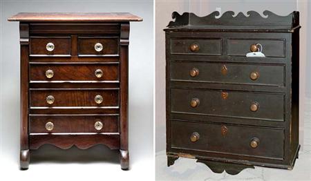 Lot image - Classical Style Mahogany Stained Miniature Tall Chest of Drawers; Together with a Federal STyle Painted Miniature Chest of Drawers