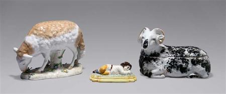 Lot image - Russian Porcelain Ram-Form Box; Together with a German Porcelain Figure of a Grazing Sheep and a Pottery Figure of a Sleeping Boy.