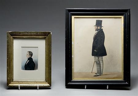 Lot image - English School 19th Cent. Full Length Portrait of a Man in a Top Hat..., T/w English School 19th Cent. Miniature Portrait of a Man...