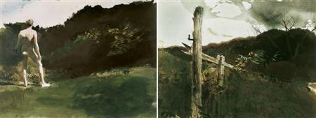 Lot image - Andrew Newell Wyeth b. 1917 Adam Johnsons Gatepost and Study for Man and the Moon: A double-sided work, executed in 1990 and 1991 r..