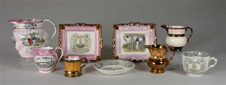 Lot image - Group of Staffordshire Lustre and Transfer Decorated Pottery Articles; Together with a Farmers Arms Cup and Saucer.