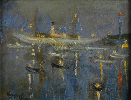 Lot image - Richard Hayley Lever 1876-1958 Presidents Yacht Mayflower at Marblehead at Night, with President Coolidge Aboard