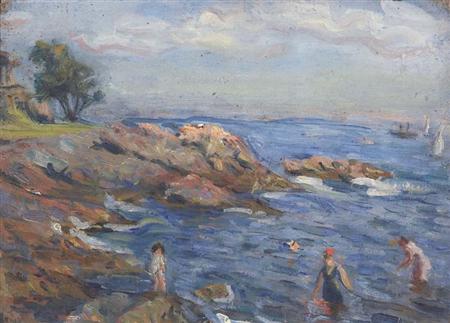 Lot image - American School Early 20th Century Bathing Along a Rocky Coast