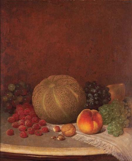 Lot image - William Mason Brown 1828-1898 Still Life with Melon, Grapes, Peach, Pear and Nuts