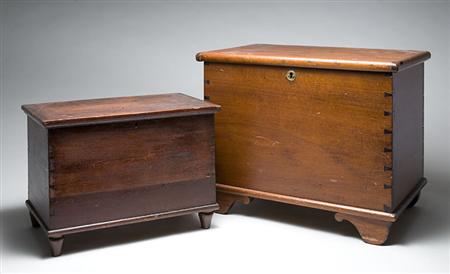 Lot image - Stained Poplar Miniature Blanket Chest; Together with a Stained Poplar Lift Top Chest