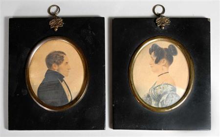 Lot image - English School Circa 1840 Pair of watercolor portrait miniatures of a man and a woman. Height 3 1/2 inches.