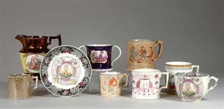 Lot image - Group of Five English Pottery Mugs; t/w a Copper Lustre and Transfer Decorated Jug, Railway Mug and a Farmers Arm Cup and Saucer.