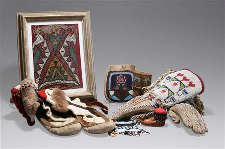Lot image - Pair of Plains Beaded Hide Gauntlets; Together with an Eastern Quilled Container and Other Articles.