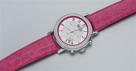Lot image - Stainless Steel, Pink Mother-of-Pearl and Diamond Chronograph Wristwatch
