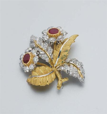 Lot image - Two-Color Gold, Ruby and Diamond Flower Clip-Brooch