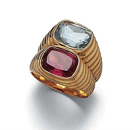 Lot image - Gold, Rubellite and Aquamarine Ring