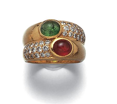 Lot image - Gold, Cabochon Ruby, Emerald and Diamond Ring