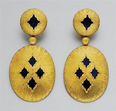 Lot image - Pair of Gold and Blue Enamel Pendant-Earclips