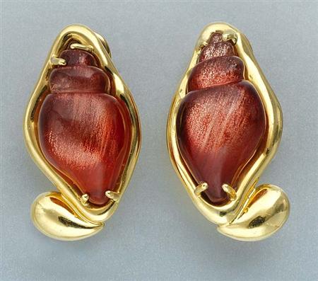 Lot image - Pair of Gold and Carved Pinkish-Brown Labradorite Shell Earclips