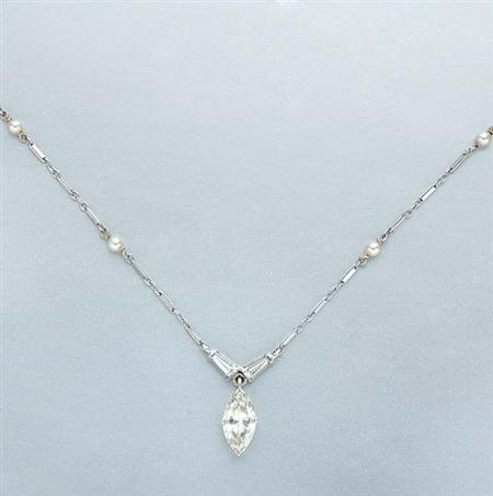 Lot image - White Gold, Diamond and Seed Pearl Pendant-Necklace