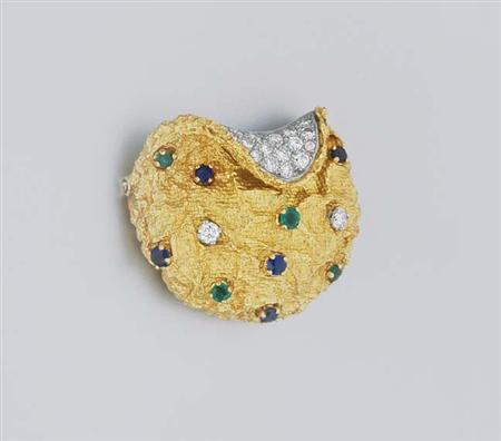 Lot image - Gold, Diamond, Sapphire and Emerald Clip-Brooch