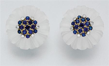 Lot image - Pair of Carved Frosted Rock Crystal, Sapphire and Diamond Flower Earclips
