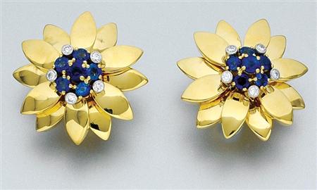 Lot image - Pair of Gold, Platinum, Sapphire and Diamond Flower Earclips