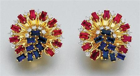 Lot image - Pair of Gold, Platinum, Ruby, Sapphire and Diamond Earclips