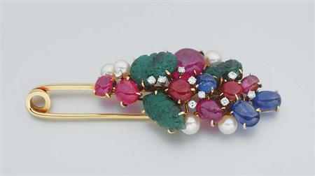 Lot image - Gold Cabochon and Carved Colored Stone, Cultured Pearl, and Diamond Safety Pin Brooch