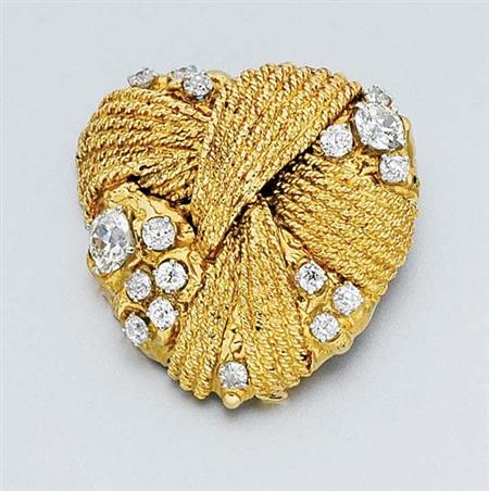 Lot image - Gold, Platinum and Diamond Heart Clip-Brooch