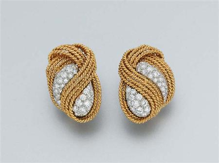 Lot image - Pair of Gold, Platinum and Diamond Earclips