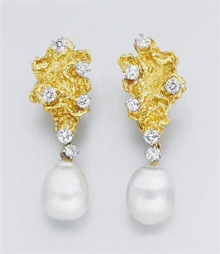Lot image - Pair of Gold, Diamond and Semi-Baroque Cultured Pearl Pendant-Earrings