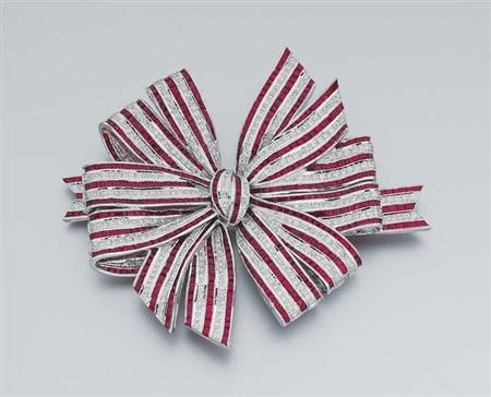 Lot image - Ruby and Diamond Bow Clip-Brooch