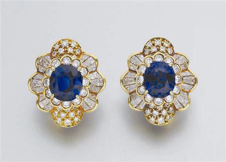 Lot image - Pair of Gold, Sapphire and Diamond Earclips