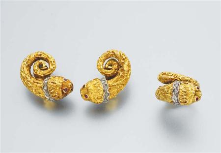 Lot image - Pair of Gold, Diamond and Ruby Animal Head Earclips and Ring