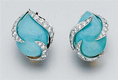 Lot image - Pair of Turquoise and Diamond Earclips