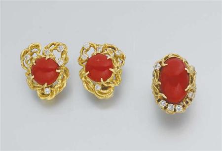 Lot image - Gold, Oxblood Coral and Diamond Ring and Pair of Earclips