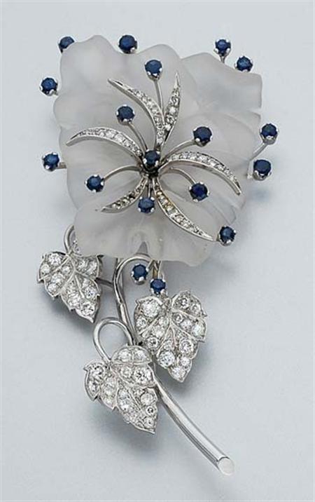 Lot image - White Gold, Carved Frosted Rock Crystal, Sapphire and Diamond Flower Brooch