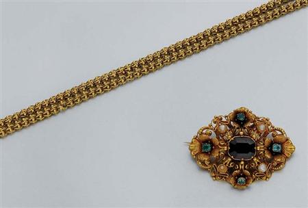 Lot image - Antique Gold, Gem-Set and Split Pearl Brooch and Gold Chain