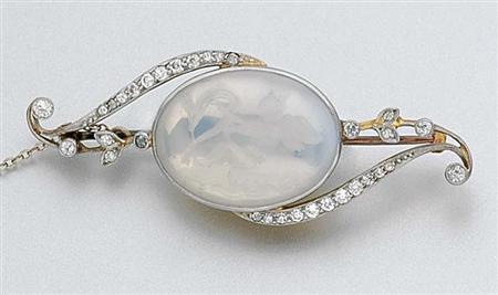 Lot image - Antique Moonstone Cupid Intaglio and Diamond Brooch