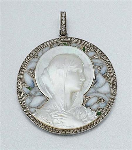 Lot image - Platinum, Mother-of-Pearl Cameo, Diamond and Enamel Pendant