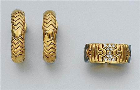 Lot image - Pair of Gold Hoop Earclips and Gold, Steel and Diamond Band Ring