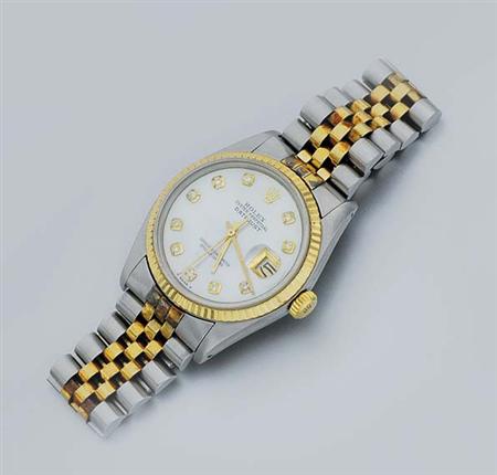 Lot image - Gentlemans Stainless Steel, Gold, Mother-of-Pearl and Diamond Wristwatch