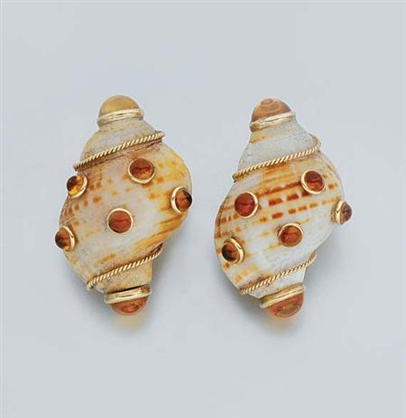 Lot image - Pair of Gold, Shell and Cabochon Citrine Earclips