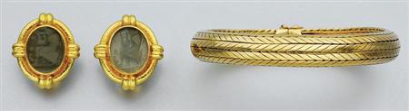 Lot image - Gold Bangle and Pair of Gold and Simulated Green Stone Intaglio Earclips