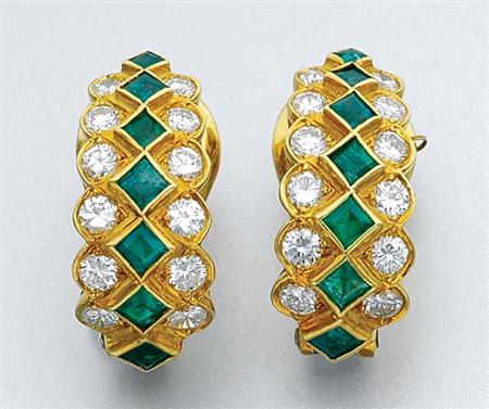 Lot image - Pair of Gold, Emerald and Diamond Earclips