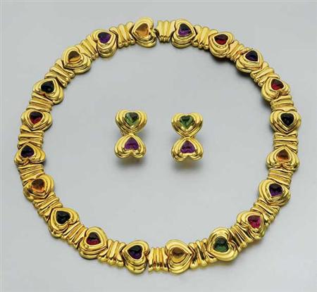 Lot image - Gold and Cabochon Colored Stone Necklace and Pair of Earrings