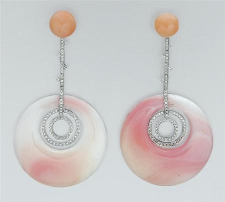 Lot image - Pair of Coral and Diamond Pendant-Earrings