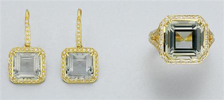 Lot image - Gold, Green Quartz and Diamond Ring and Pair of Pendant-Earrings