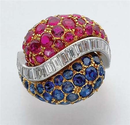 Lot image - Gold, Ruby, Sapphire and Diamond Bombe Crossover Ring