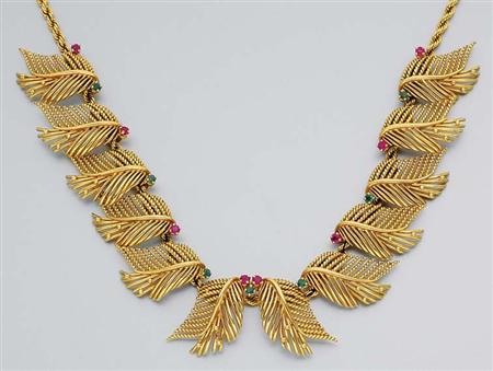 Lot image - Gold, Emerald and Ruby Necklace
