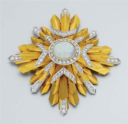 Lot image - Gold, Opal and Diamond Clip-Brooch
