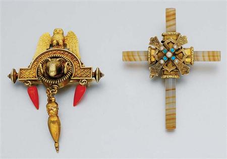 Lot image - Antique Gold and Coral Brooch and Agate, Split Pearl and Turquoise Cross Brooch
